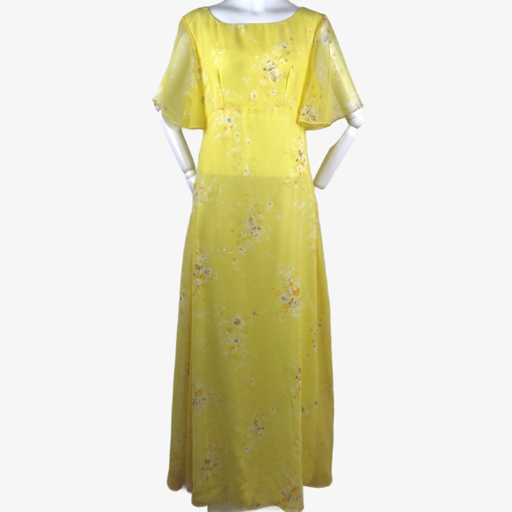 Vintage 1970s Sheer Yellow Floral Maxi Dress Flutter Sleeves Empire Waist MOD M